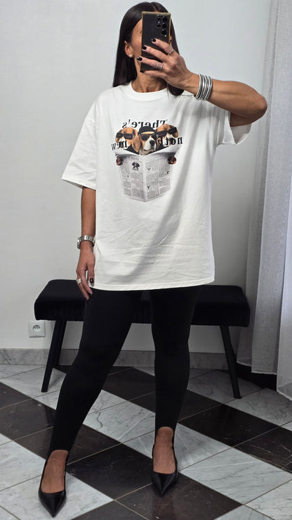 T-shirt blanc imprimé chien oversize en coton – style casual chic