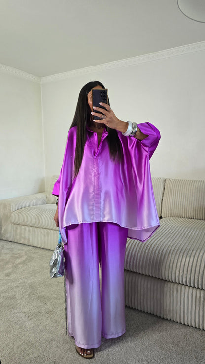 Pantalon satiné dégradé violet – effet tie & dye lumineux