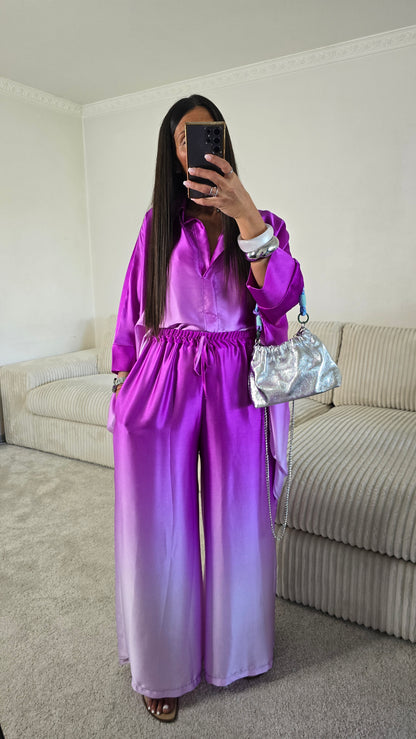 Pantalon satiné dégradé violet – effet tie & dye lumineux