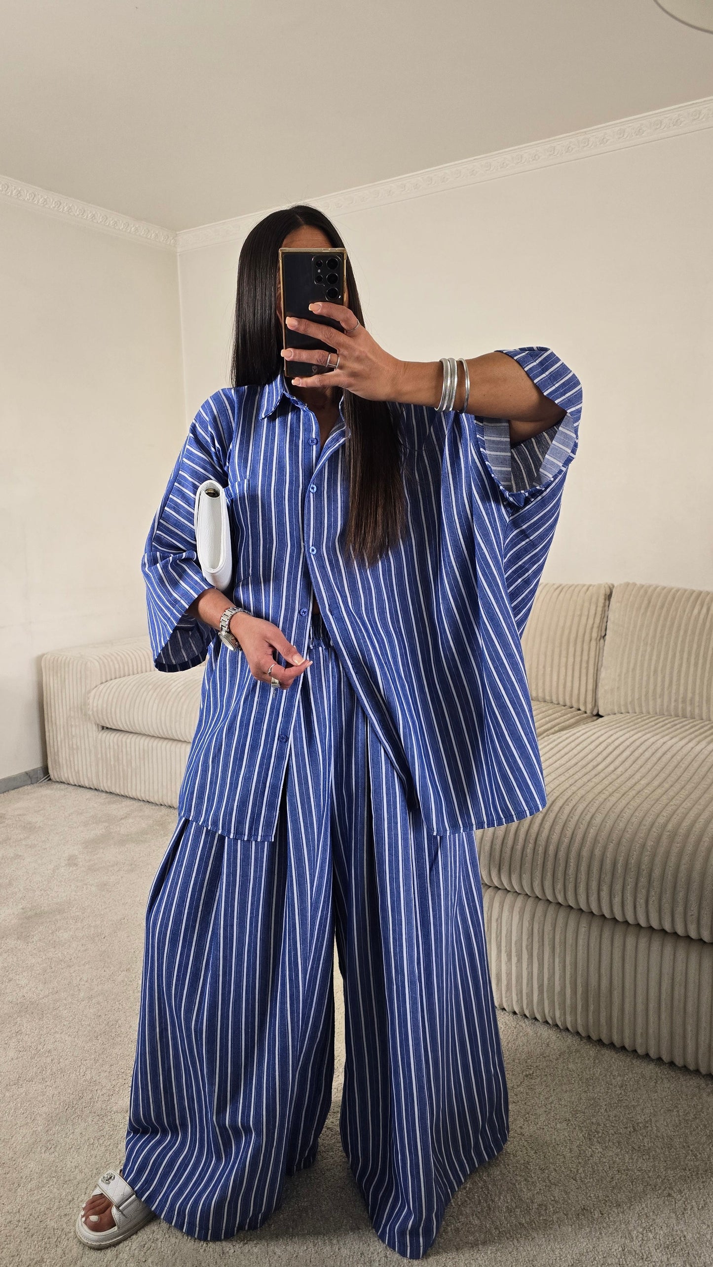 Précommande – Expédition à partir du 28/04/26.          Ensemble Rayé Chemise Oversize + Pantalon Palazzo – Bleu