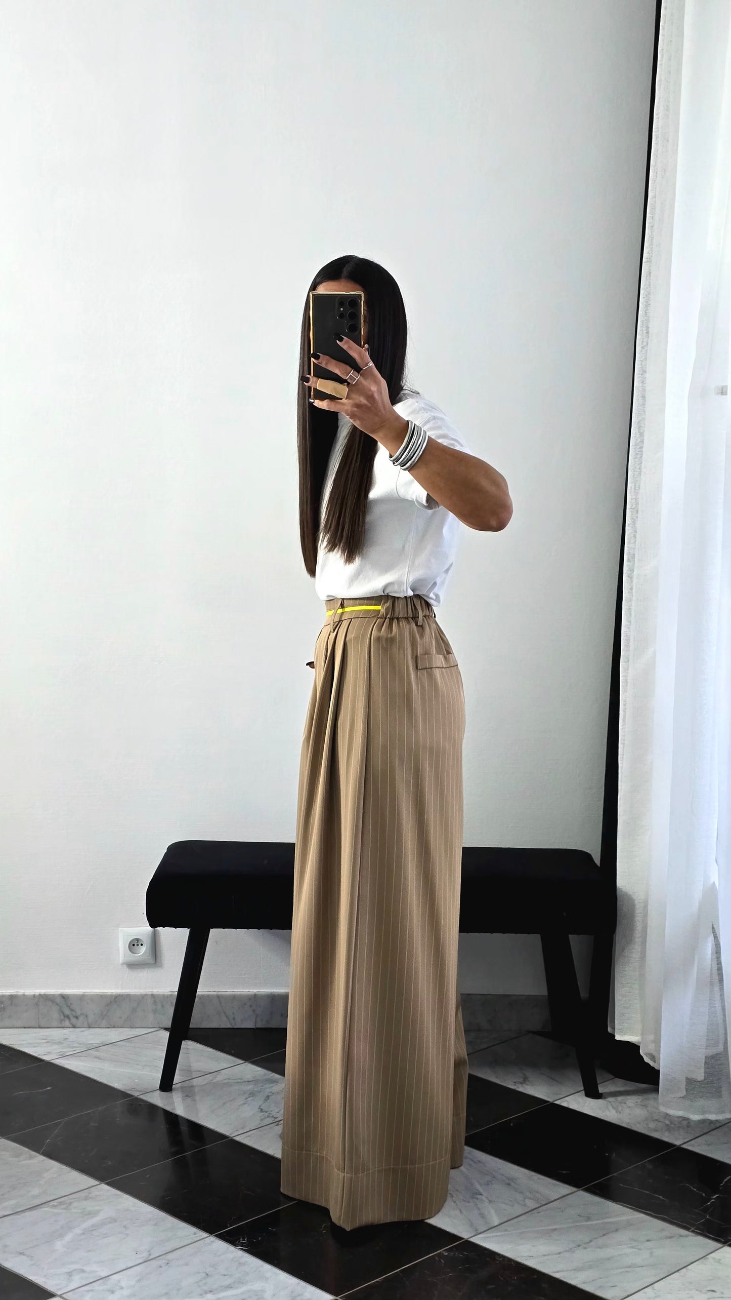 Pantalon Tailleur Large Rayures – Beige