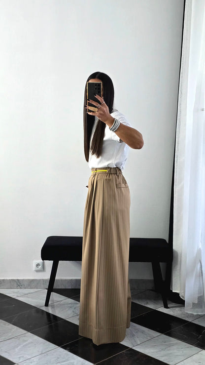 Pantalon Tailleur Large Rayures – Beige