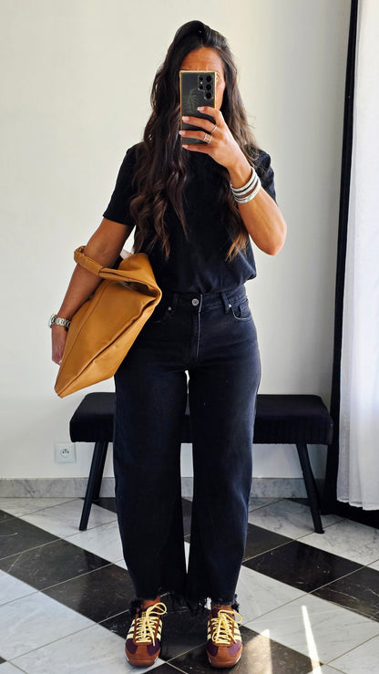 🖤 Jean Balloon Crop – Noir Effet Brut