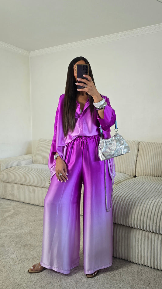 Pantalon satiné dégradé violet – effet tie & dye lumineux