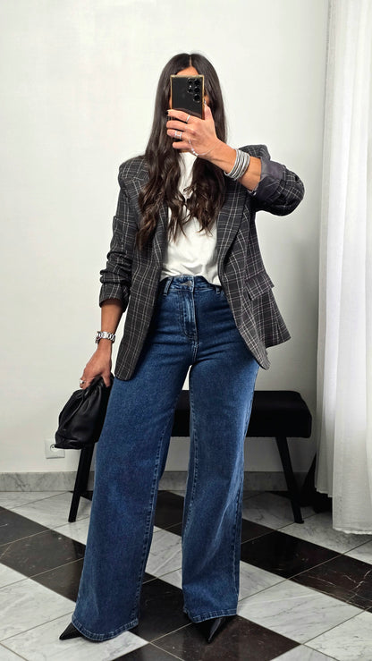 Blazer gris à carreaux asymétrique – coupe tailoring oversize & épaulettes