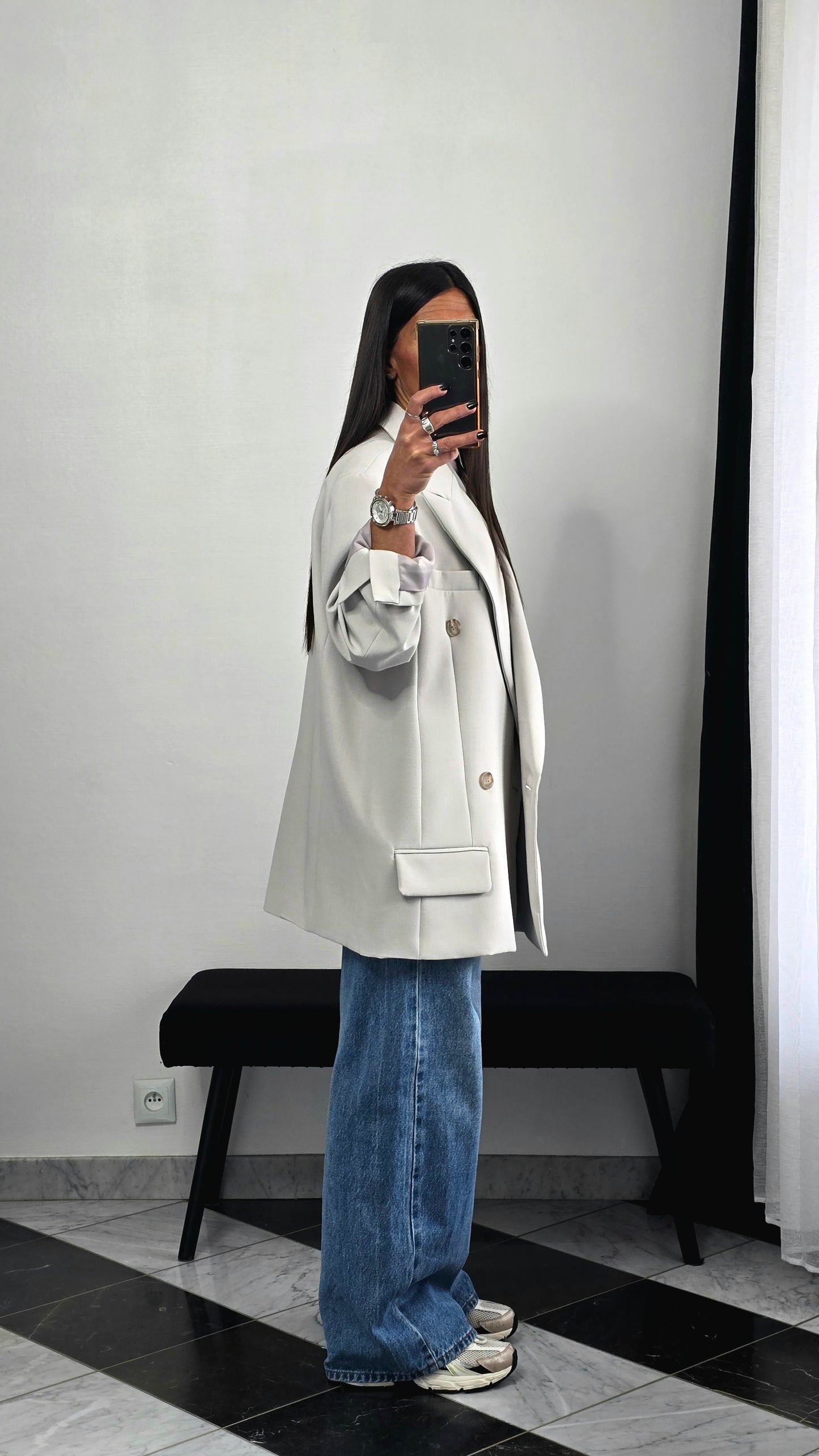 Blazer oversize gris clair – coupe tailoring structurée & double boutonnage