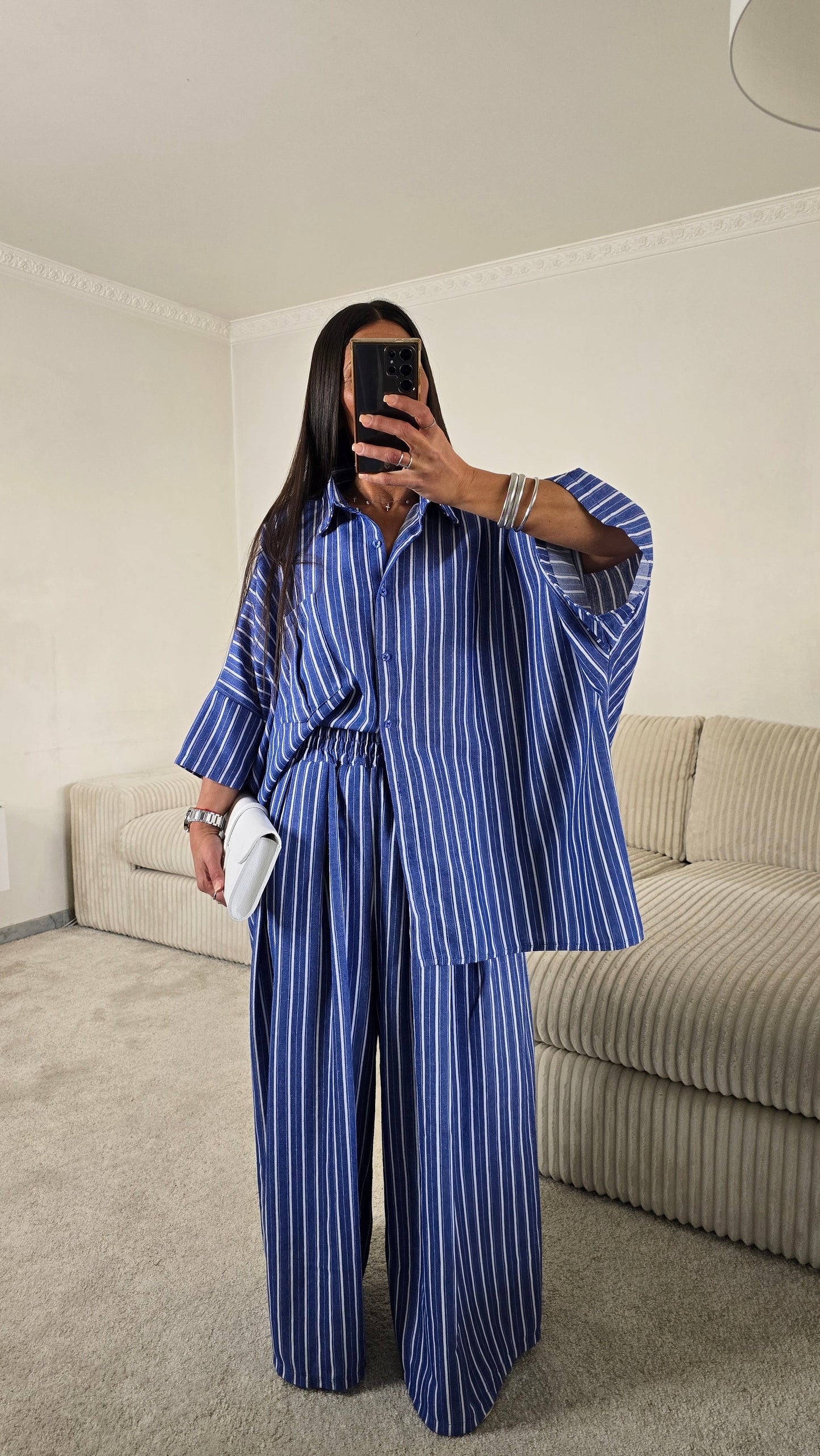 Précommande – Expédition à partir du 28/04/26.          Ensemble Rayé Chemise Oversize + Pantalon Palazzo – Bleu