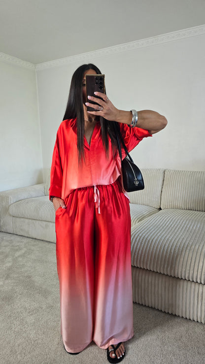 Pantalon satiné dégradé rouge & rose poudré – fabrication française
