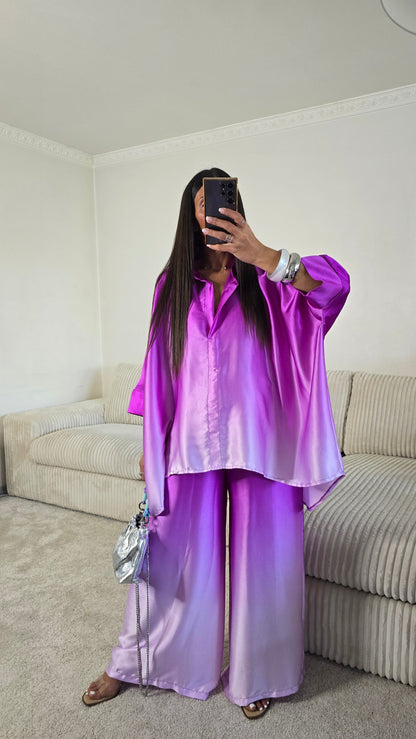 Pantalon satiné dégradé violet – effet tie & dye lumineux