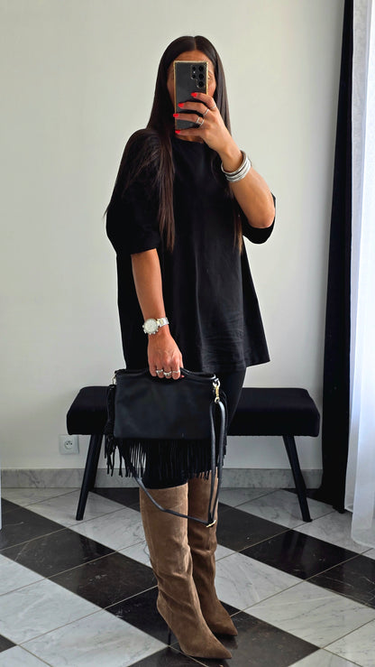 Sac en Cuir de Vachette Noir à Franges