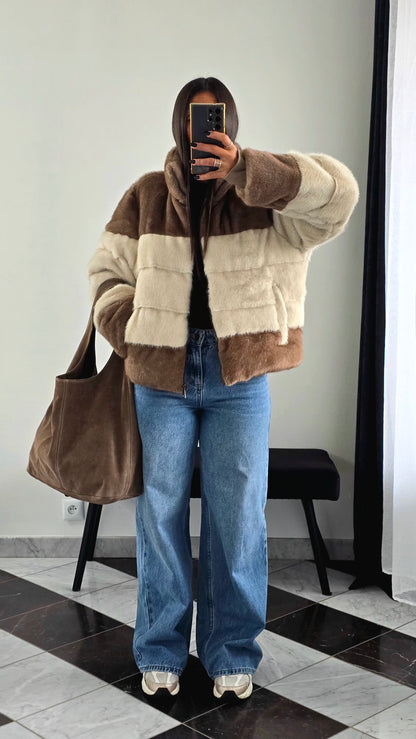 Manteau Effet Doudoune Bi-Color – Beige & Marron Clair