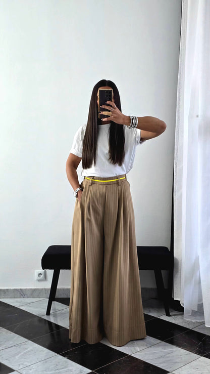 Pantalon Tailleur Large Rayures – Beige