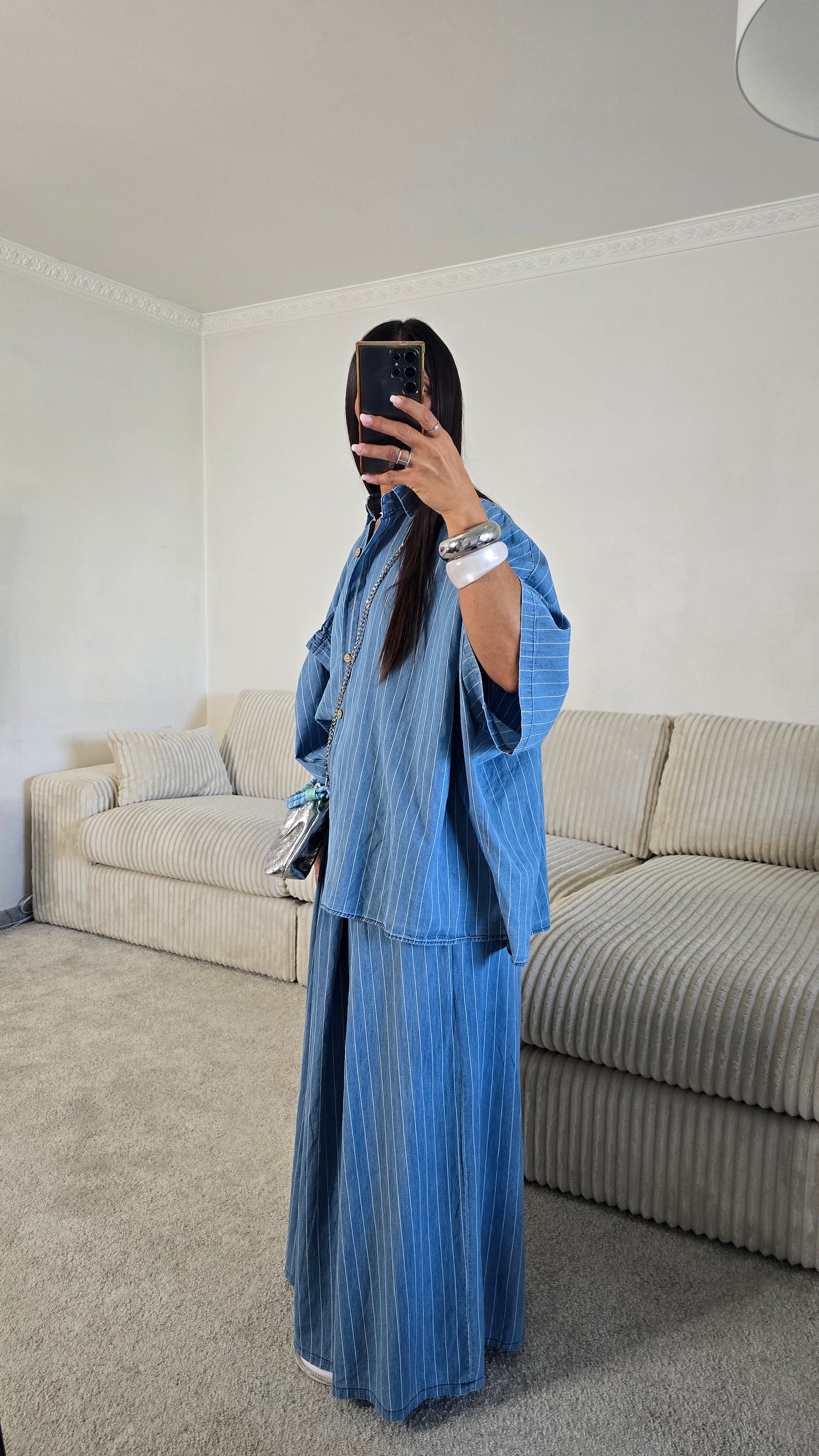 Ensemble esprit japanisant – bleu denim rayé
