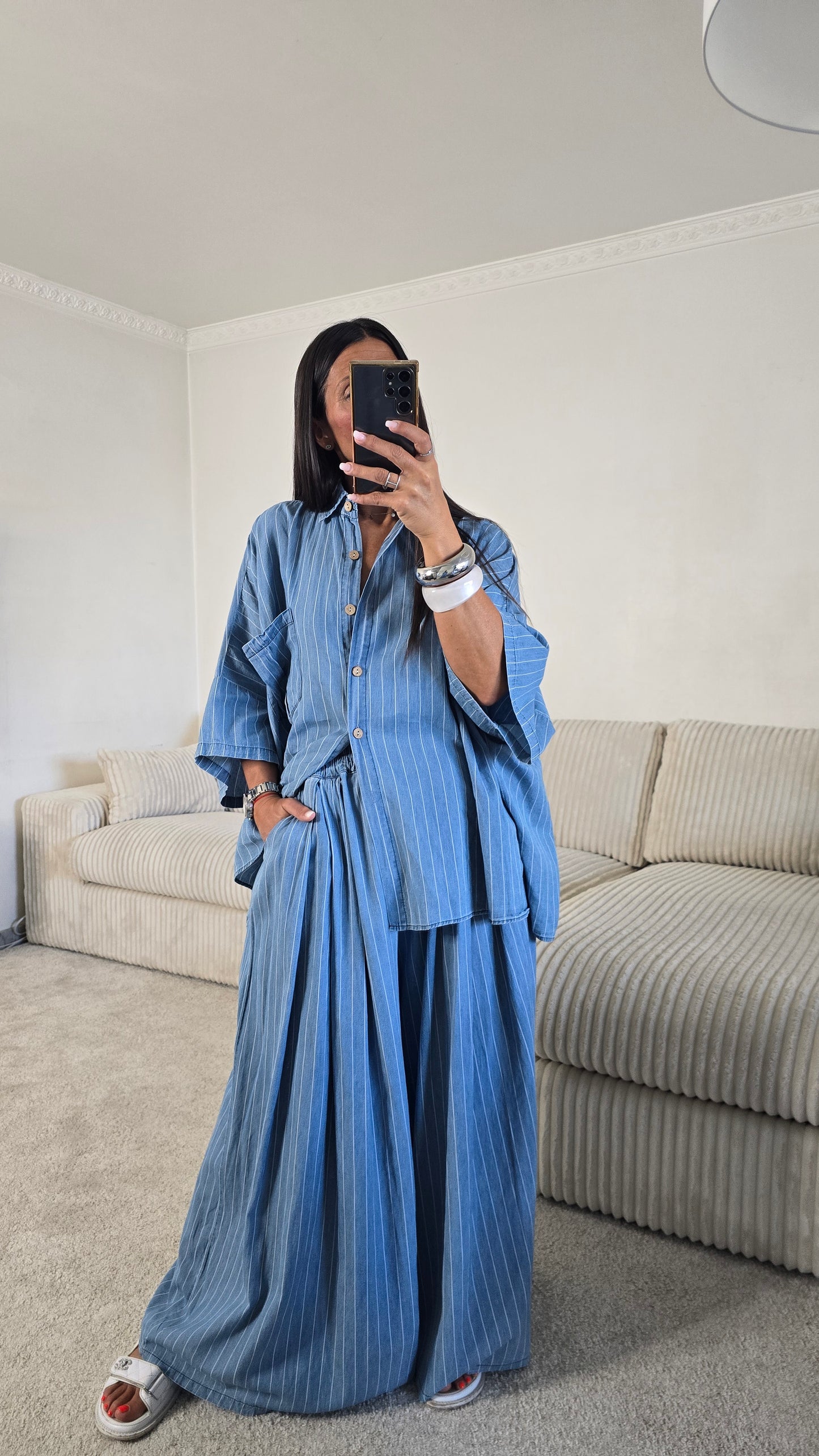 Ensemble esprit japanisant – bleu denim rayé