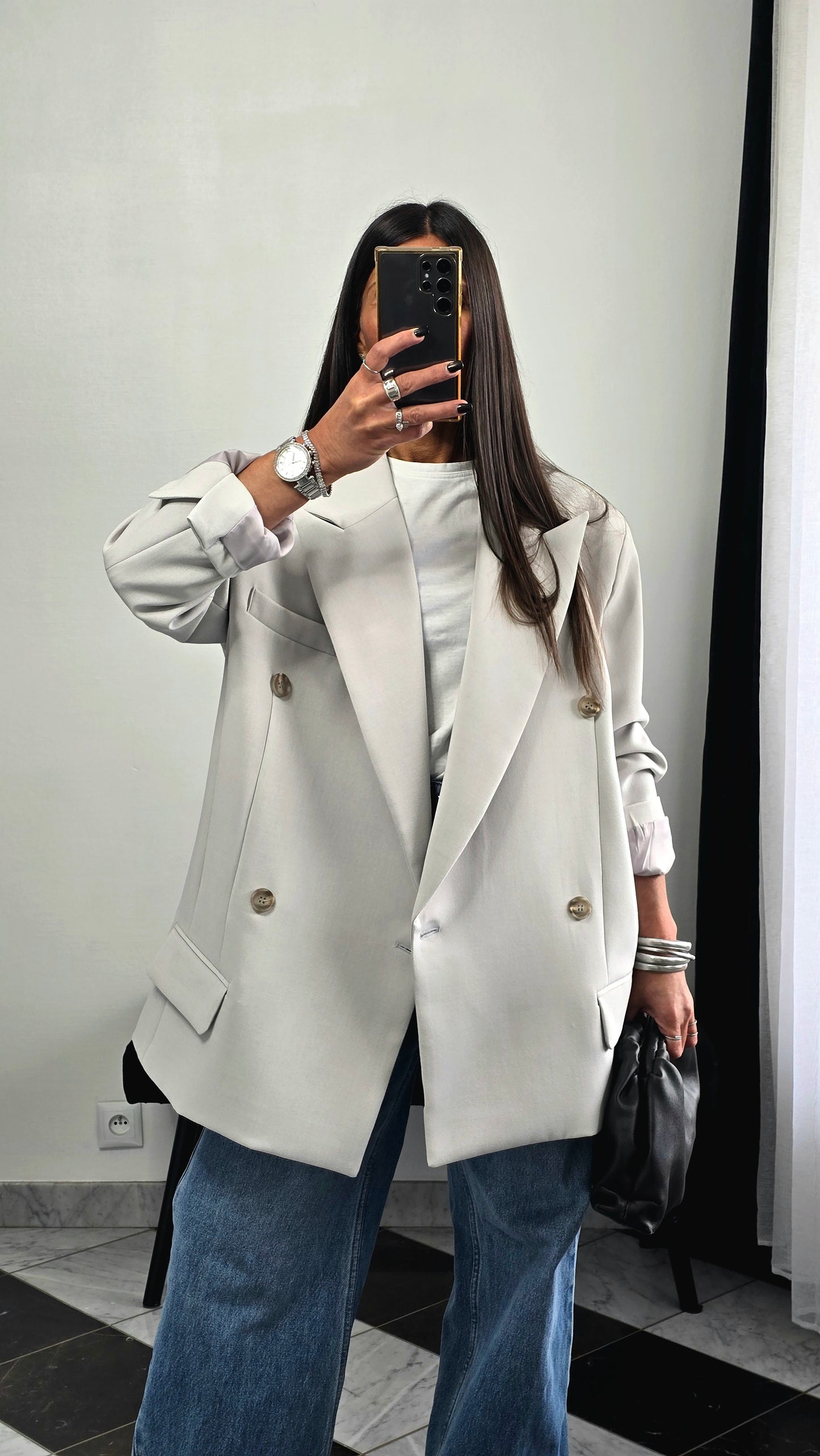 Blazer oversize gris clair – coupe tailoring structurée & double boutonnage