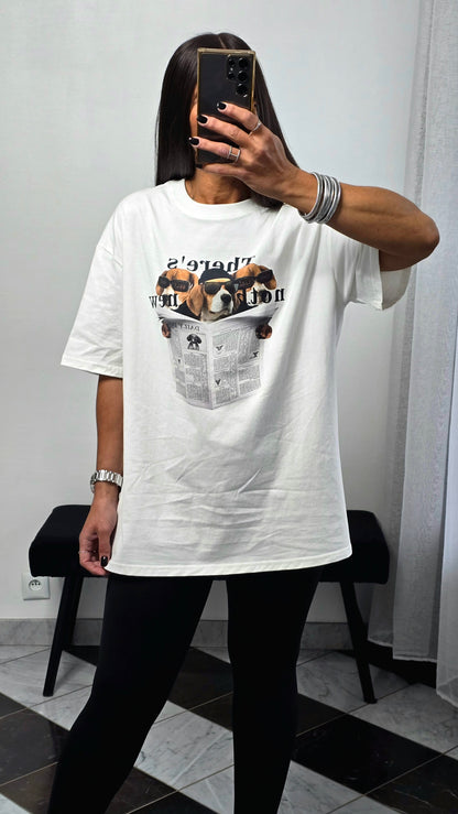 T-shirt blanc imprimé chien oversize en coton – style casual chic