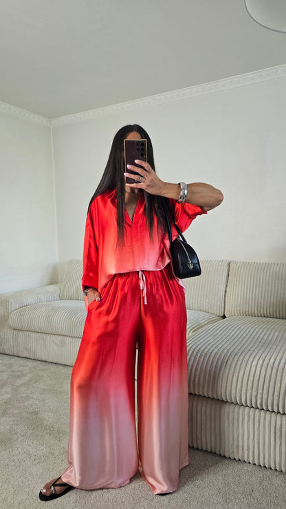 Pantalon satiné dégradé rouge & rose poudré – fabrication française