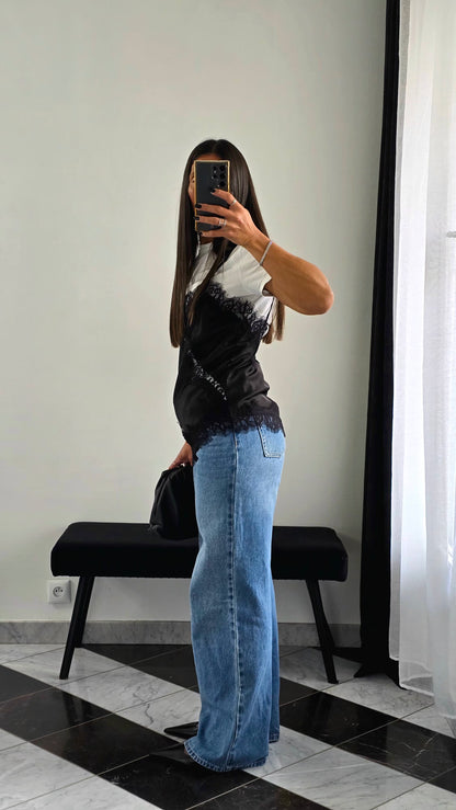 Débardeur Satiné à Dentelle – Noir