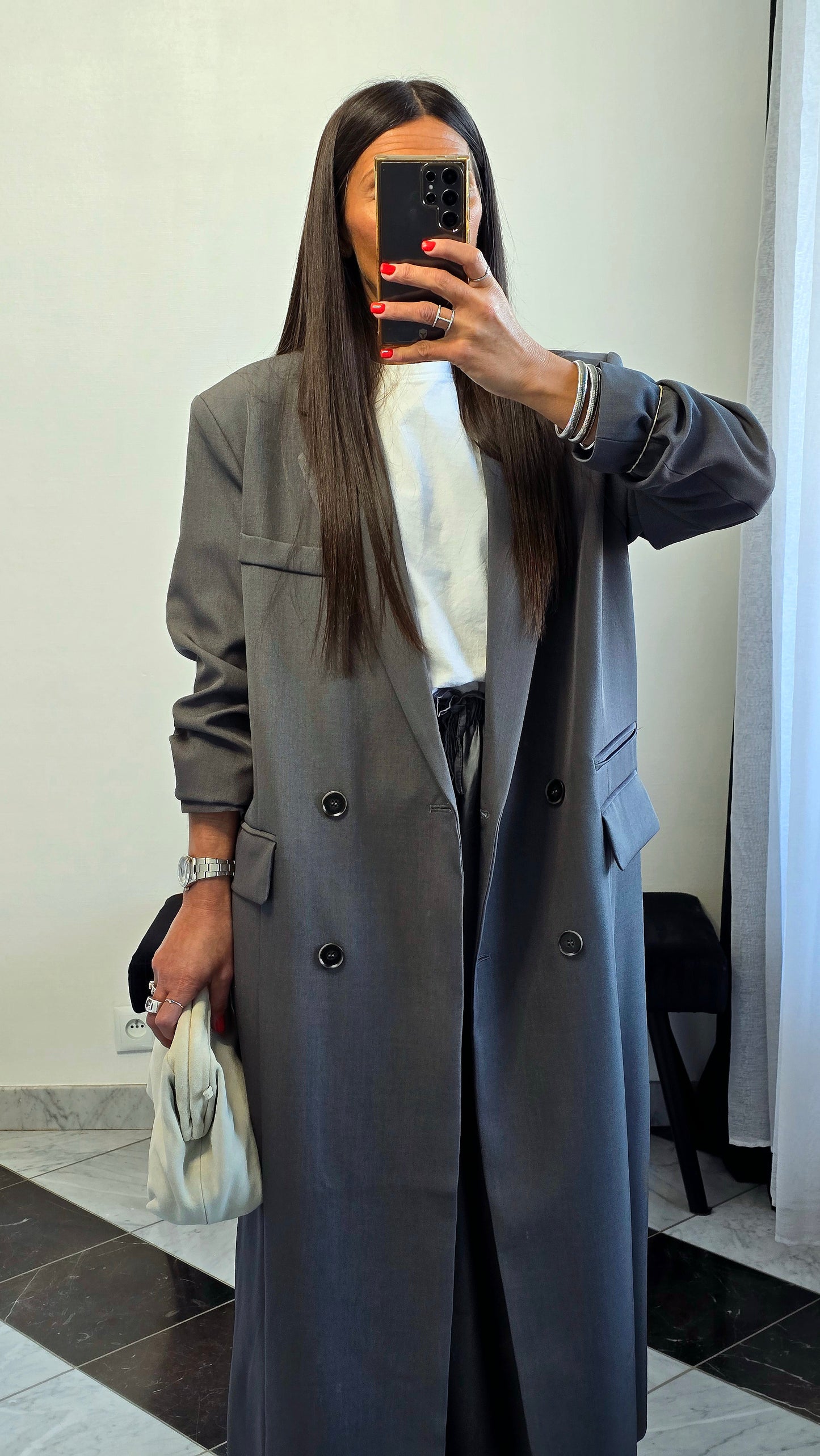 Blazer long oversize gris – coupe signature SOÉLA