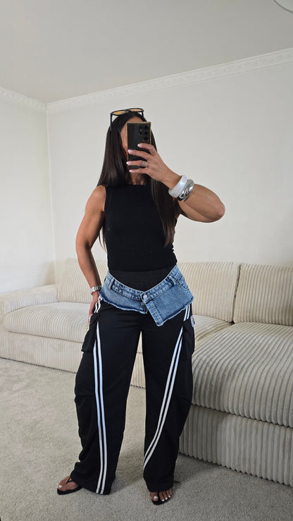 Pantalon jogging noir détails denim – esprit sporty chic