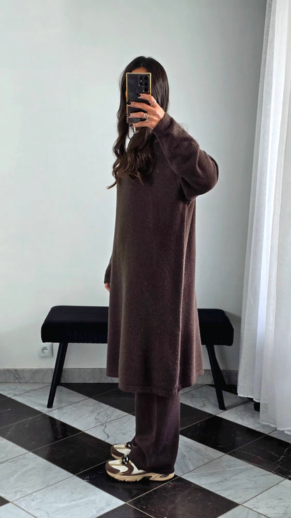 Ensemble Robe + Pantalon Maille Épaisse – Marron
