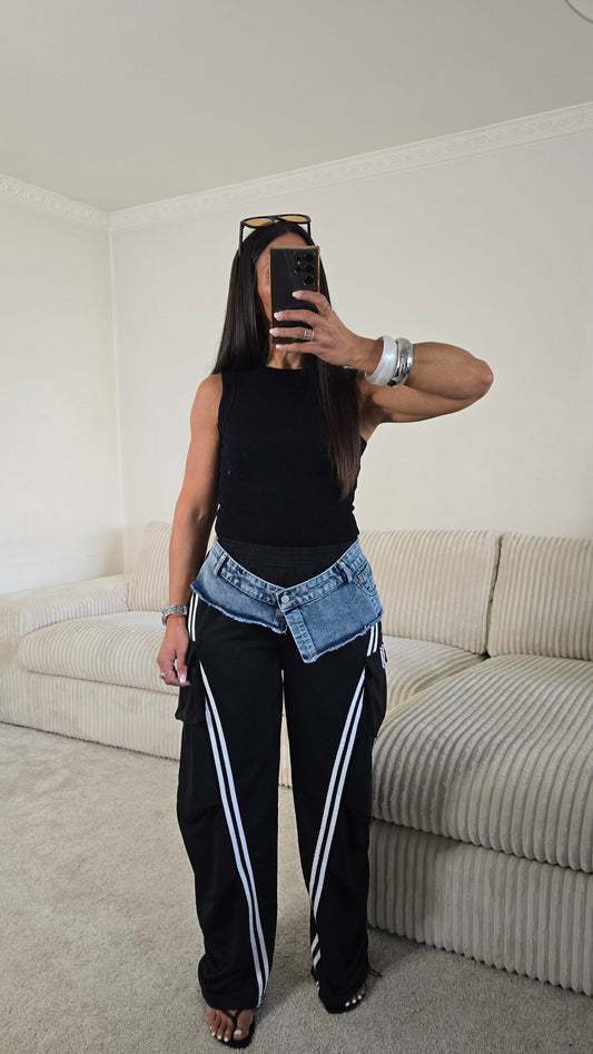 Pantalon jogging noir détails denim – esprit sporty chic