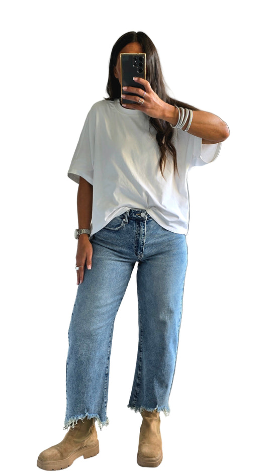 Jean Balloon Crop – Délavé Bleu Authentique