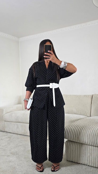 Veste noire à pois manches courtes – style chic & rétro moderne