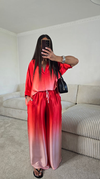 Pantalon satiné dégradé rouge & rose poudré – fabrication française