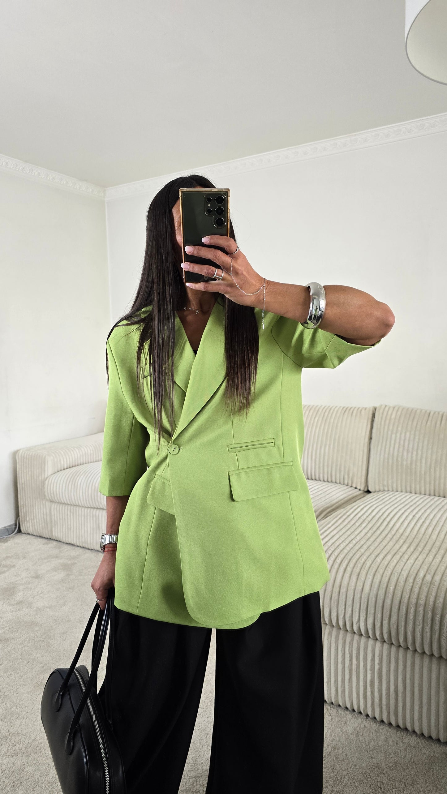 Blazer vert matcha manches courtes ajustable – style chic & sophistiqué