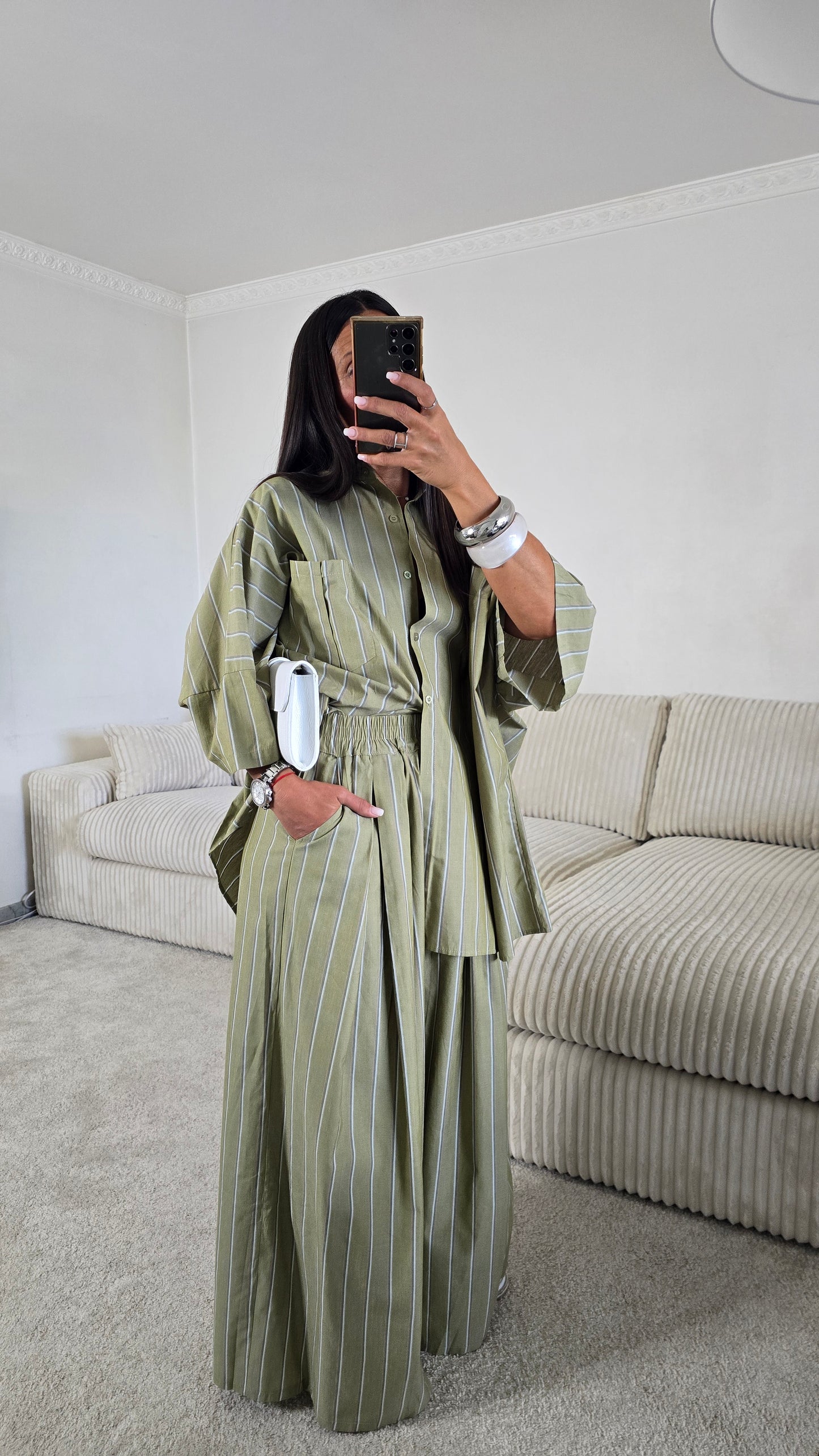 Ensemble rayures – kaki sauge