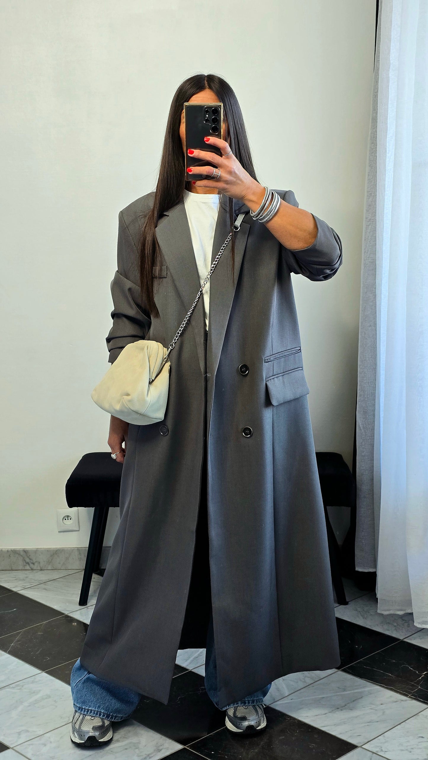 Blazer long oversize gris – coupe signature SOÉLA