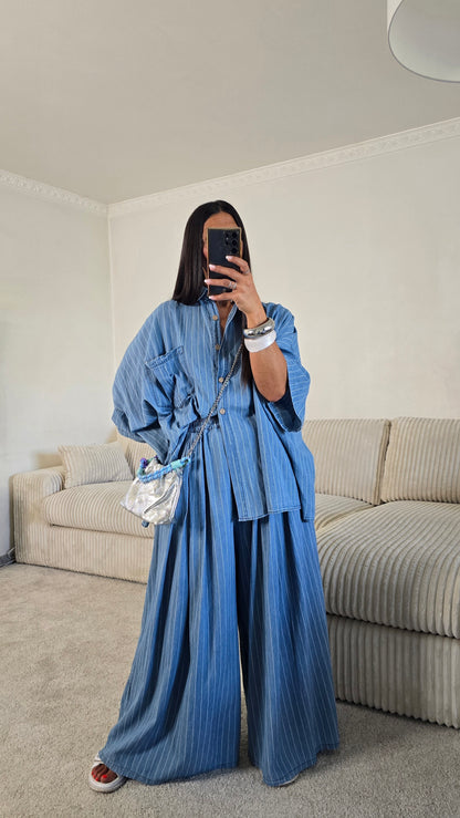 Ensemble esprit japanisant – bleu denim rayé