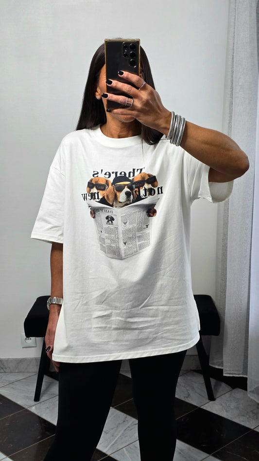 T-shirt blanc imprimé chien oversize en coton – style casual chic