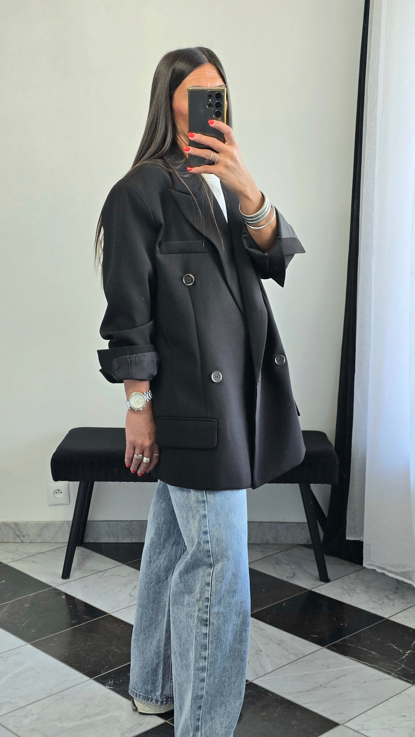Blazer oversize noir – coupe tailoring structurée & double boutonnage