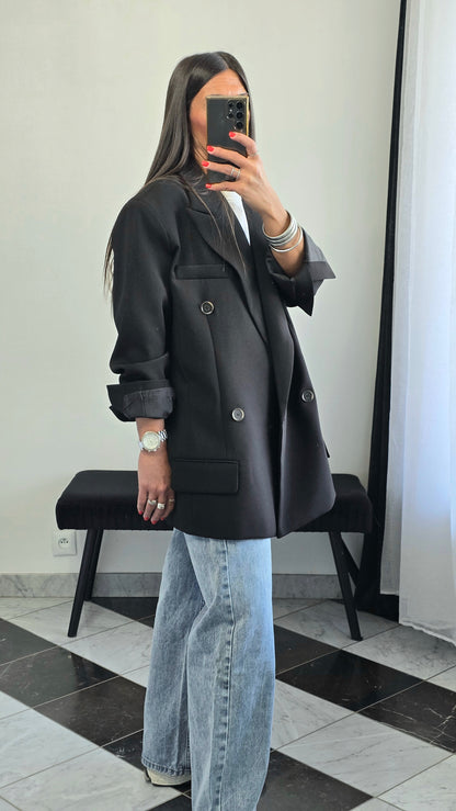 Blazer oversize noir – coupe tailoring structurée & double boutonnage