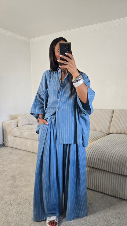 Ensemble esprit japanisant – bleu denim rayé