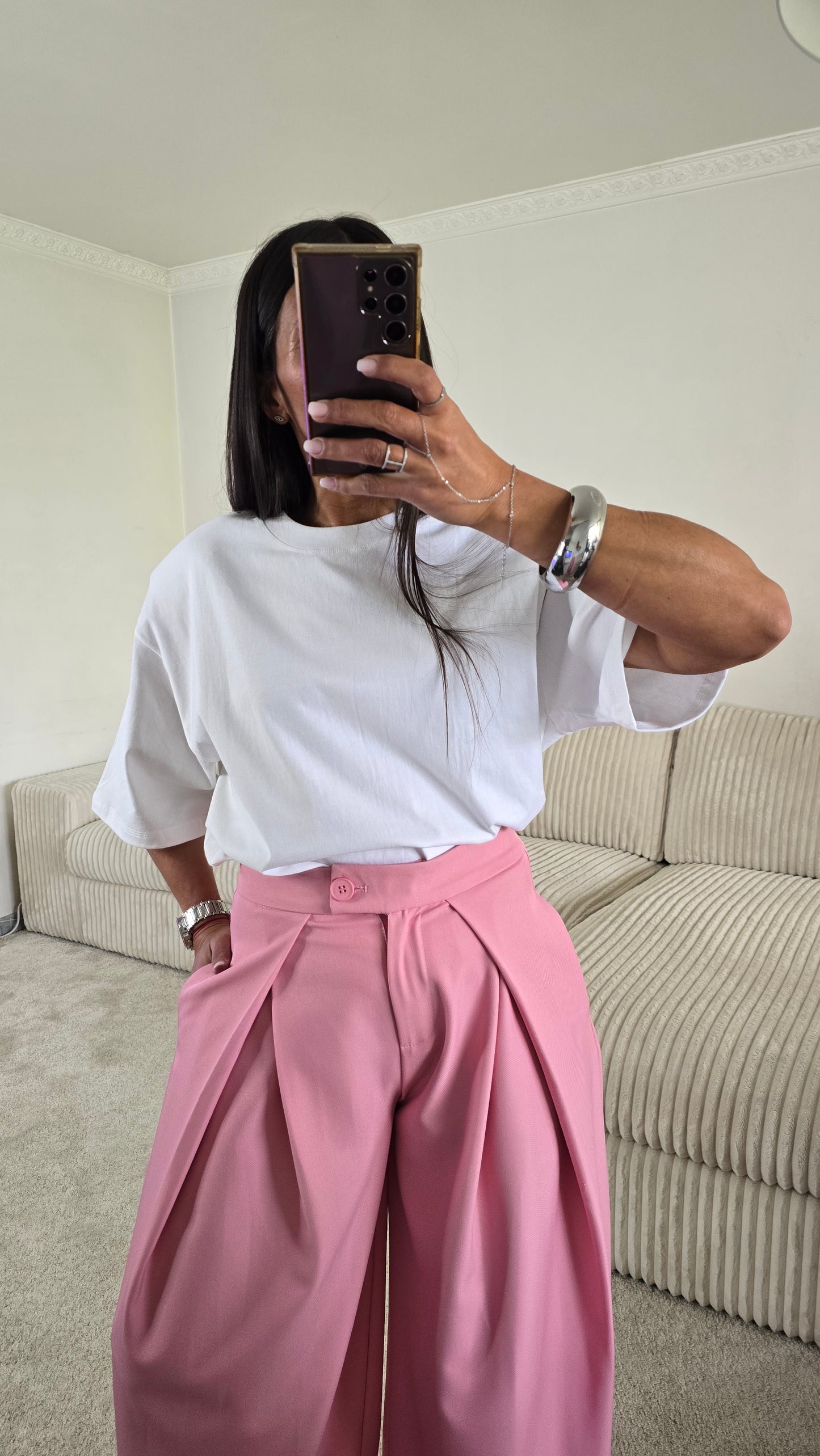Pantalon palazzo rose taille haute fluide – style chic & moderne
