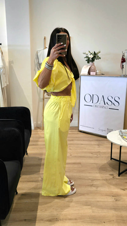 Ensemble 2 pièces coton jaune – Haut noué & pantalon large